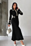 Women's Black Polo Collar Buttoned Soft Ribbed Fabric Long Knit Dress - 4