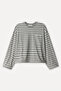 Women's Gray Melange Striped Loose Fit Crew Neck Sweatshirt