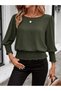 Women's Long Sleeve Round Neck Aerobin Blouse with Gipe Detail at Hem - 2