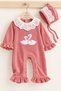 Baby Girl Jumpsuit with Swan Embroidery, Lace Collar, Velvet Jumpsuit with Hat, Premium Product, Set of 2 - 6