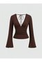 Brown Deep V-Neck Spanish Sleeve Blouse with Tie at the Back, Bitter Brown Spanish Sleeve Blouse