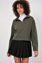 55449 Zippered Collar Knitted Sweatshirt - Khaki - 5