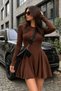 Women's Brown Long Sleeve Pleated Mini New Season Dress - 2