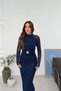 Women's Navy Blue Flock Print Halter Neck Long Sleeve Sim Detail Maxi Dress - 6
