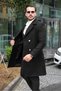 Black Men's Double-Breasted Cashmere Coat with Gold Buttons and Belt - 4