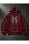 Spider Printed Zippered Hooded High Collar Streetwear Cardigan