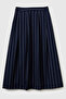 Women's Navy Blue Viscose Blend Side Slit Pleated Thin Striped Midi Skirt - 2