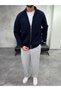Collar Zippered Reverse Knit Navy Blue Knitwear Cardigan