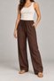 Women's Linen Trousers with Elastic Waist, Lace-Up, Wide Legs, Side Pockets, Bitter Brown - 5