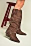 Z726106802 Brown Suede Thick Heeled Women's Boots with Pin Detail - 3