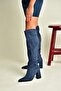 Z752123202 Navy Blue Suede Thick Heeled Women's Boots - 3