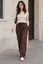 Women's Linen Trousers with Elastic Waist, Lace-Up, Wide Legs, Side Pockets, Bitter Brown - 3