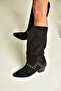 Z726106802 Black Suede Thick Heeled Women's Boots with Pin Detail - 3