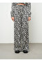Women's Leaf Patterned Black - White Wide Leg Pants with Elastic Waist