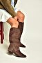 Z726106802 Brown Suede Thick Heeled Women's Boots with Pin Detail - 4