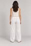 Women's Linen Trousers with Elastic Waist, Lace-Up, Wide Legs, Side Pockets, White - 7