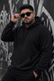 Large Size Men's Hooded Basic Sweatshirt with Three-Thread Rastering and Kangaroo Pocket, Black - 2