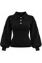 Women's Polo Collar Gold Button Detailed Balloon Sleeve Ribbed Knitwear Blouse T7012