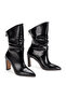 Black Patent Leather Look Women's Boots with Drawstring Detail and Thick Heel - 4
