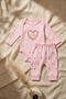 Baby Girl 100% Cotton Heart Pink Patterned 2-Piece Set - Long Sleeve Bodysuit and Stretchy Pants Set - 3