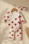 Baby Girl Red Heart Patterned Ribbed Cotton 3-Piece Set - Ruffled Double-Breasted Bodysuit, Pants and Headband - 2