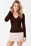 Women's Brown V-Neck Long Sleeve 95% Cotton Ribbed Basic Blouse