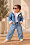 Children's Teddy Bear Detailed Plush Hooded Denim Jeans Coat Set |   Narrow Mold - 2