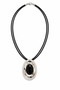 Women's Black Stone Detailed Silver Color Oval Necklace with Drawstring - 3