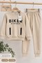 Men's Beige Two-Thread Fabric Children's Printed 2-Piece Tracksuit Set - Flota Sweatshirt with Pockets and Cuffed Pants with Pockets - 2