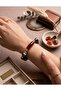 Women's Black Gray Patterned and Red Pipe Stone Detailed Gold Color Spaced Bracelet