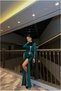 V Detailed Evening Dress Stone Dress Collar Long Sleeves
