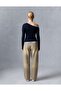 Women's Navy Blue Ecru Contrast Ribbed One-Shoulder Asymmetrical Long Sleeve Viscose Ribbed Blouse - 7