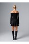 Women's Boat Neck Tie Waist Long Sleeve Mini Black Dress - 8