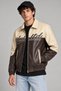 Men's Brown, Double-Colored, Furry Inside, Textile Detailed, Oversize Faux Leather Bomber Jacket - 2