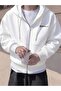 3 Thread White Miami Lettering Zippered Winter Cardigan - Printed Oversize Hooded Jacket