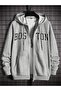 3 Thread Gray Boston Lettering Zippered Winter Cardigan - Printed Oversize Hooded Jacket