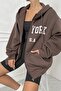 3 Thread Brown New York U.S.A Zippered Winter Cardigan - Printed Oversize Hooded Jacket - 3