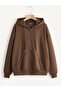3 Thread Brown Basic Plain Zippered Winter Cardigan - Oversize Hooded with Ribbon