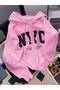 3 Thread Pink Nyc Girls Team Zippered Winter Cardigan - Printed Oversize Hooded Jacket