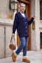 Embossed Pompom Detailed Buttoned Knitwear Cardigan - Dark Blue - 4