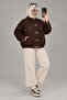 Women's Stand-Up Collar Bomber Denim Jacket with Snap and Hook Details in Brown