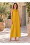 Mustard Color Degaje Collar Pocket Detailed Italian Linen Dress - 4