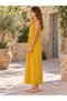 Mustard Color Degaje Collar Pocket Detailed Italian Linen Dress - 3