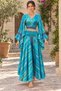 Turquoise Color Gold Detailed Silk Pants Blouse Set - 6