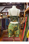 Green Color Gold Detailed Silk Shorts Crop Kimono Three-Piece Set - 2