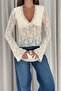 Women's White V-Neck Lace Long Sleeve Blouse