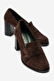 Genuine Leather Saddler Detailed Orthopedic Sole Women's Heeled Shoes Loafer Brown Suede Farrah