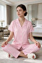 Women's Pink White Striped Short Sleeve Buttoned Milan Fabric Pajamas Set - 2