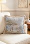 Blue Toscana Landscape and Tree Patterned Blue Beige Fringed Decorative Throw Pillow Cover - 2