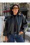 Bomber Oversize Leather Jacket with Belt Detail - 6